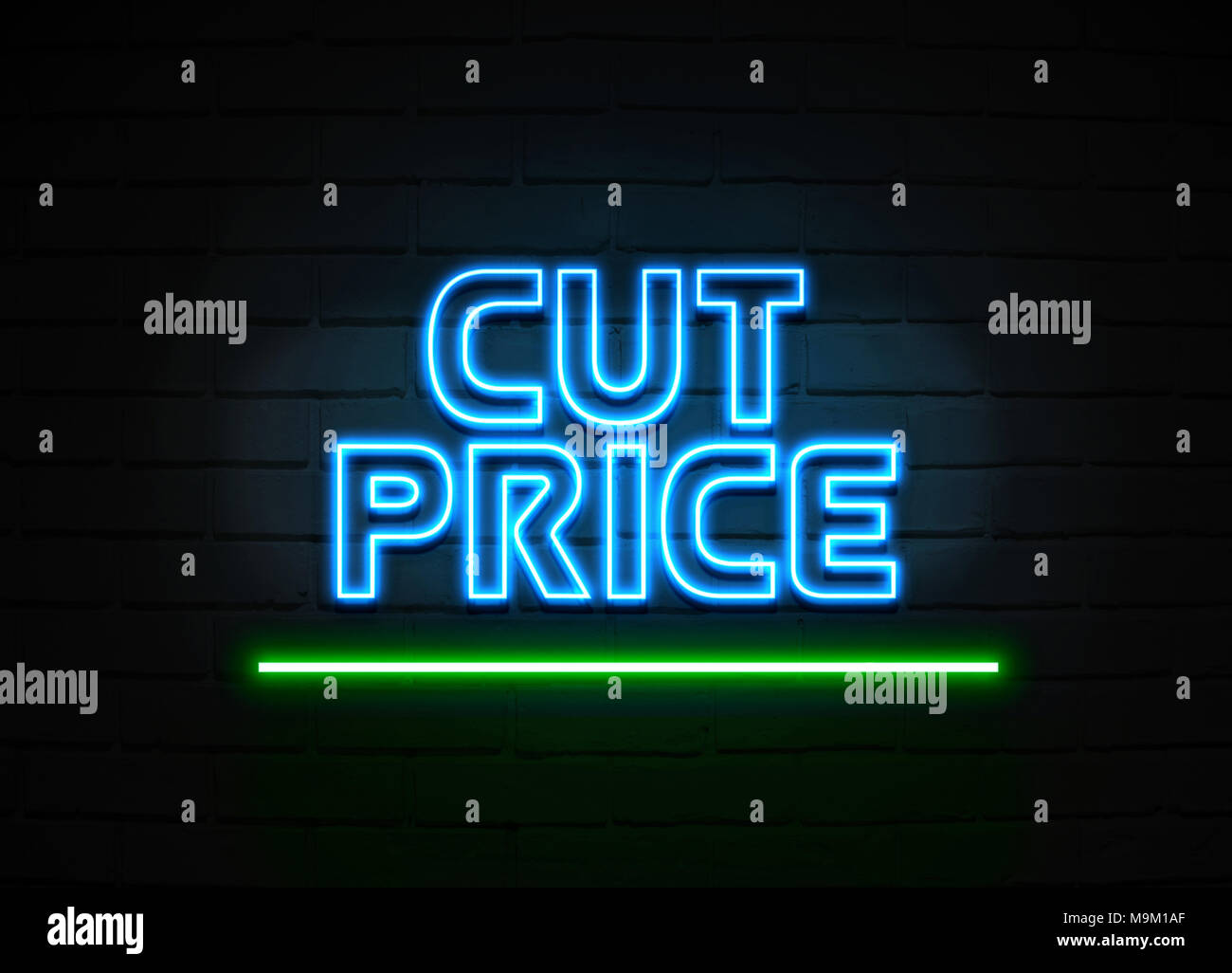 Cut : neon sign - Glowing Neon Sign sur mur brickwall - rendu 3D illustration libres de droits. Banque D'Images