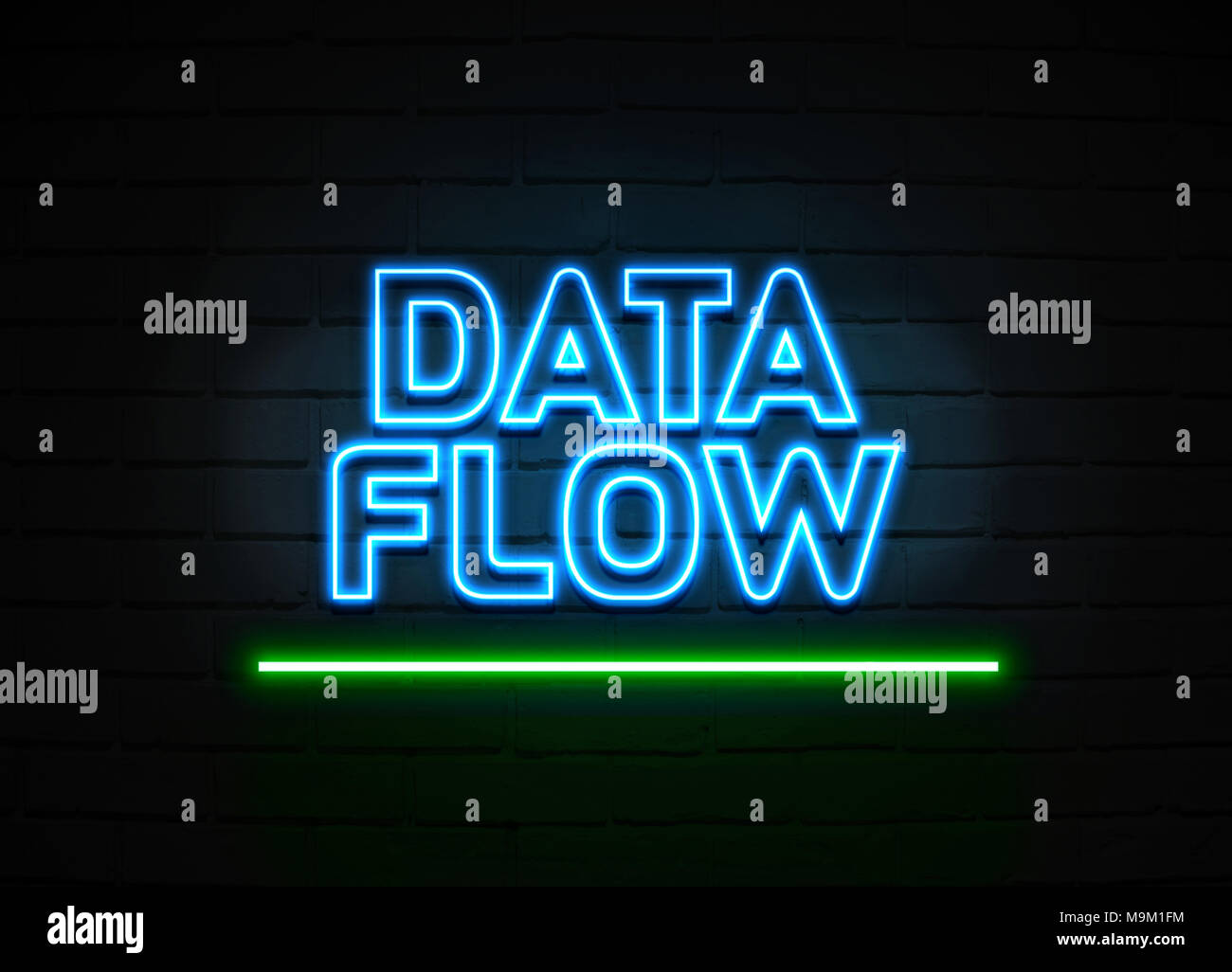 Flux de données en néon - Glowing Neon Sign sur mur brickwall - rendu 3D illustration libres de droits. Banque D'Images