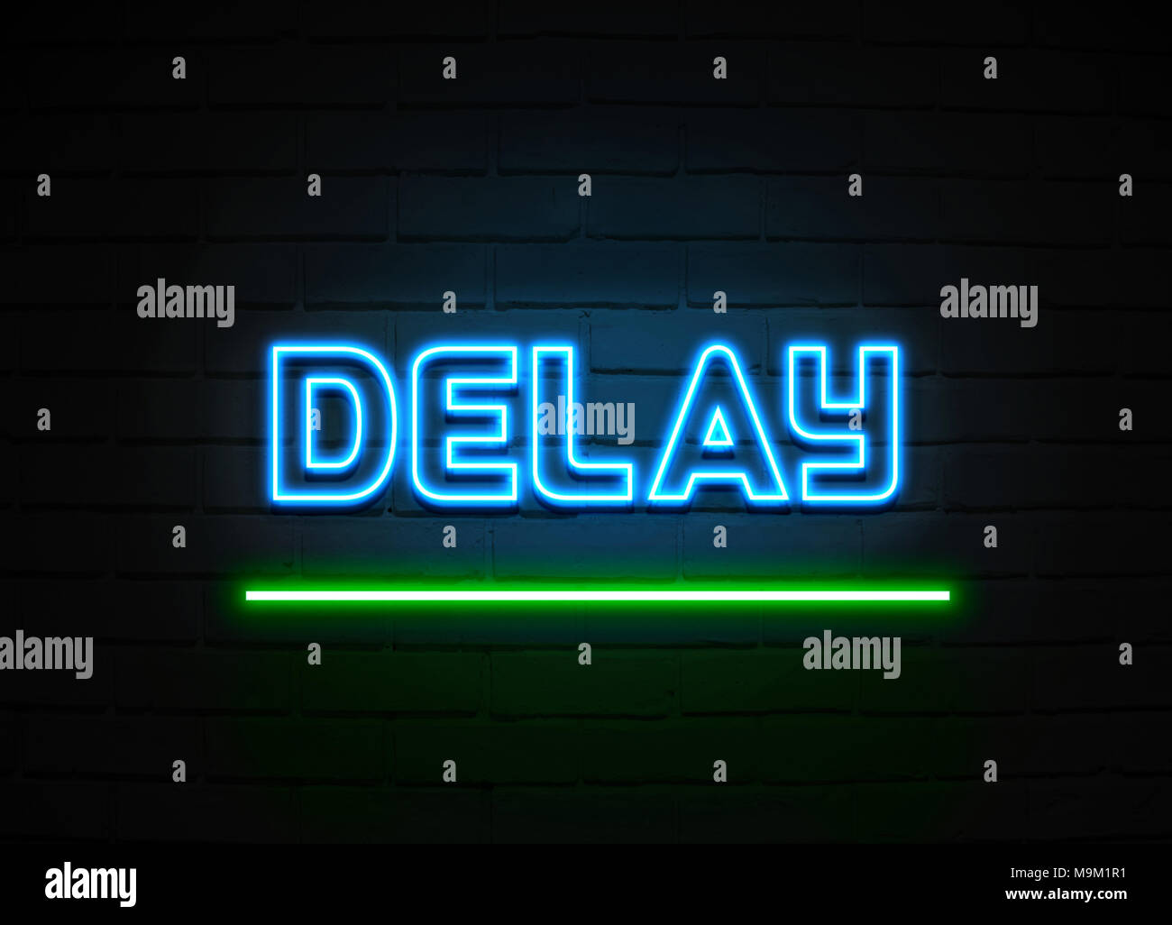 Retard en néon - Glowing Neon Sign sur mur brickwall - rendu 3D illustration libres de droits. Banque D'Images