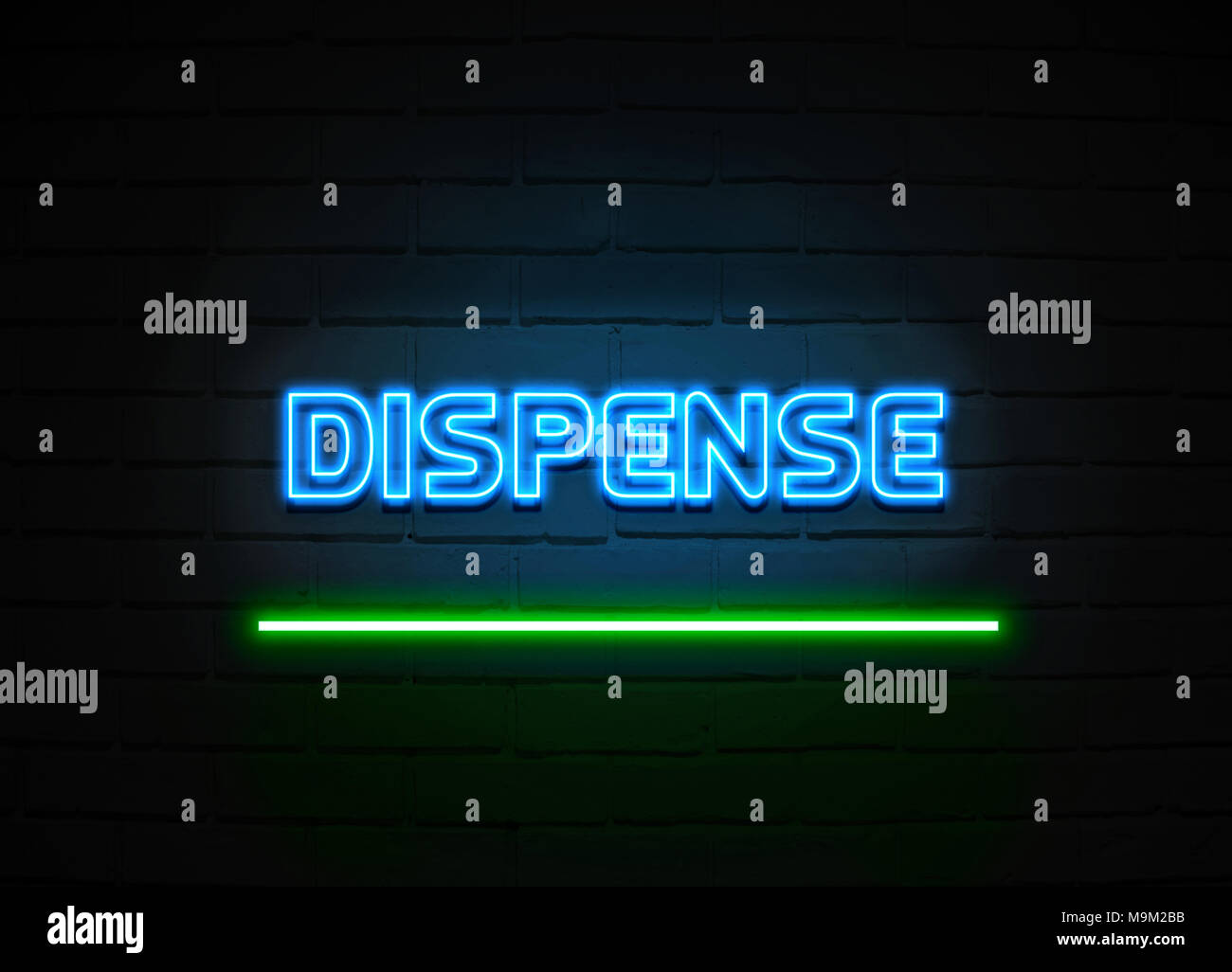 Distribuer en néon - Glowing Neon Sign sur mur brickwall - rendu 3D illustration libres de droits. Banque D'Images