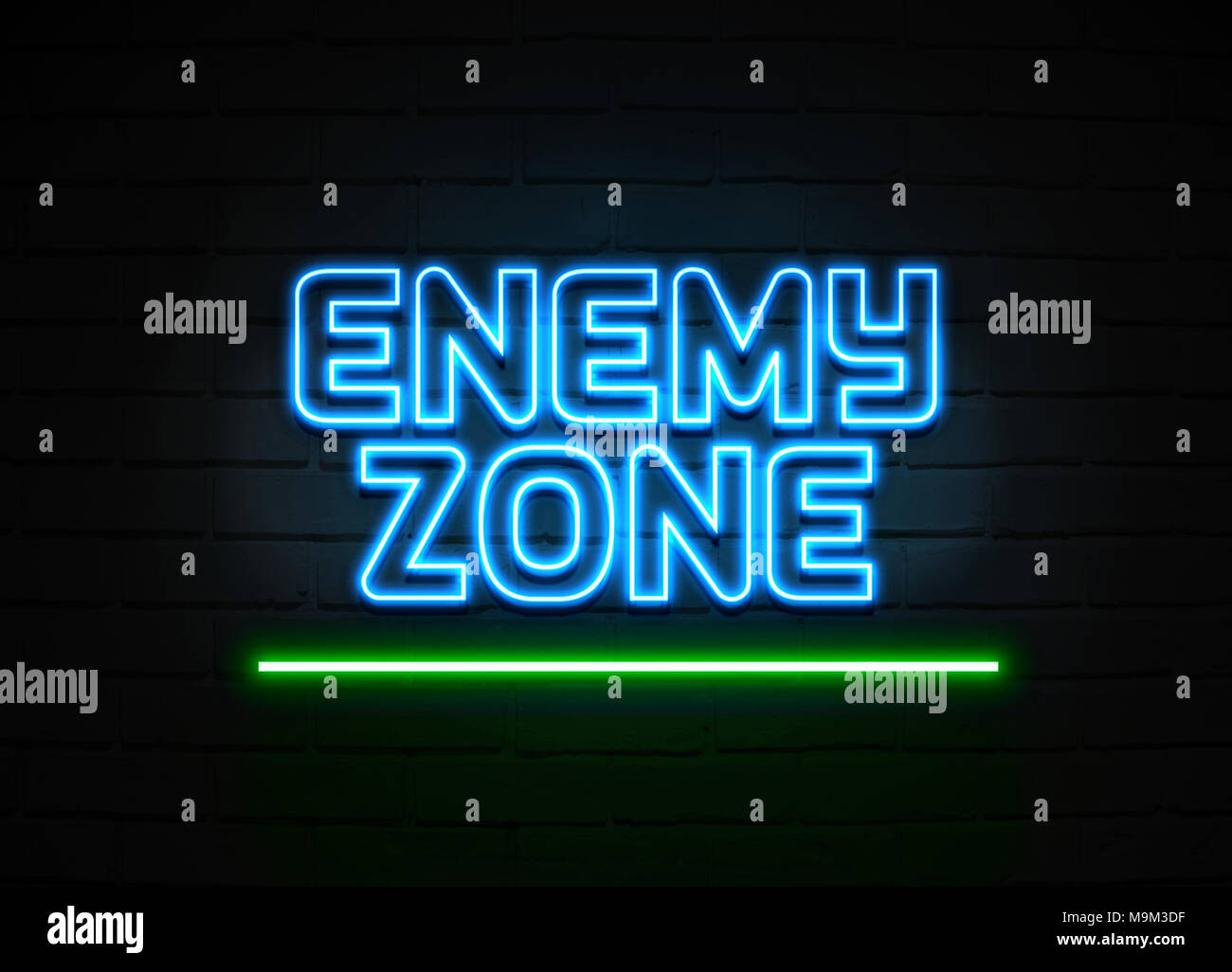 Zone ennemie en néon - Glowing Neon Sign sur mur brickwall - rendu 3D illustration libres de droits. Banque D'Images