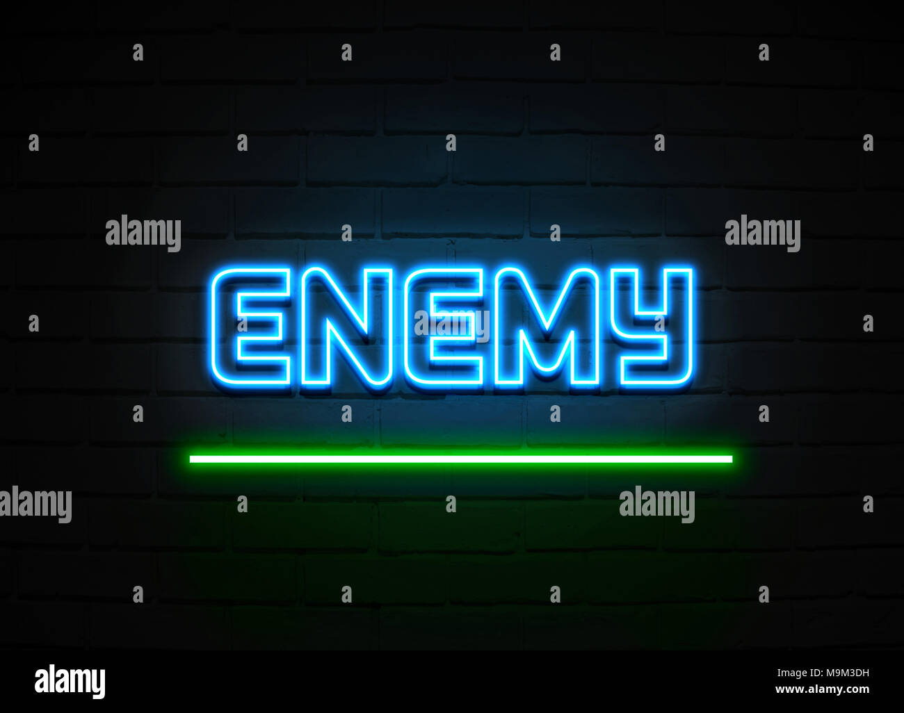 Enseigne au néon de l'ennemi - Glowing Neon Sign sur mur brickwall - rendu 3D illustration libres de droits. Banque D'Images