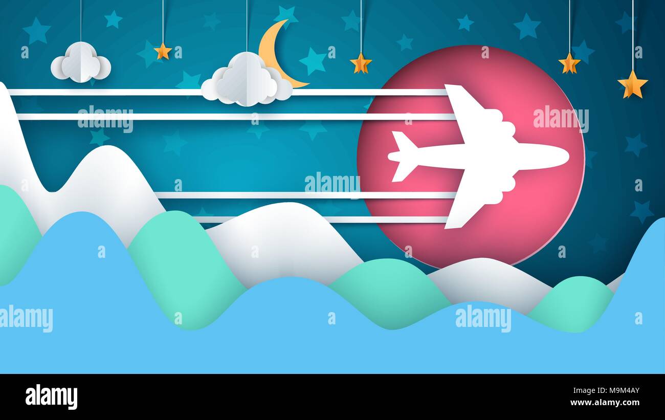 Illustration de l'avion. Papier dessin animé paysage. Cloud, lune, étoile, mountan. Illustration de Vecteur