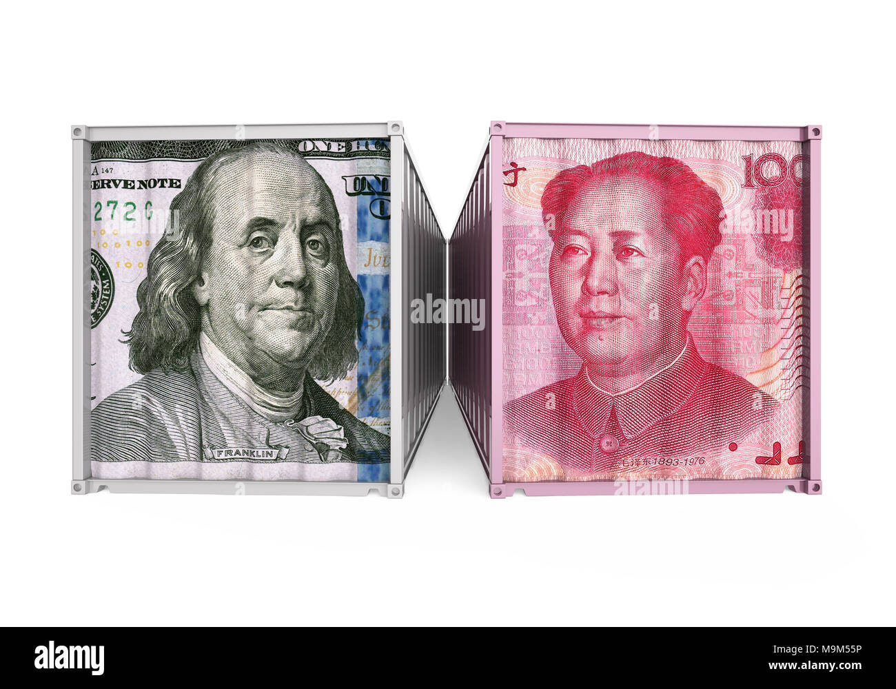 United States Dollar et Yuan chinois conteneur isolé. Guerre commerciale Concept Banque D'Images