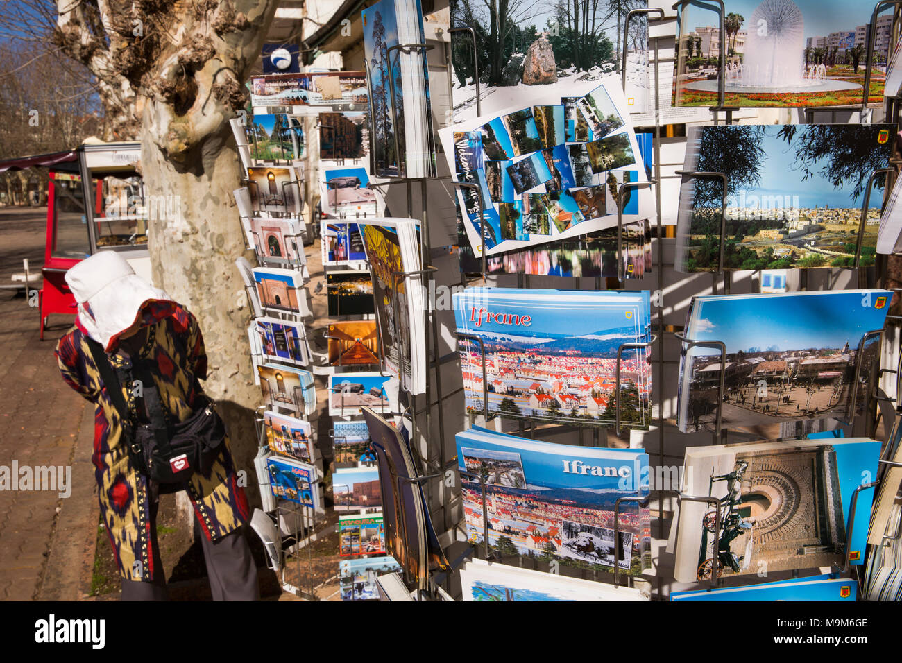 Le Maroc, Ifrane, Moyen Atlas resort, à la recherche de touristes chinois à l'affichage de carte postale Banque D'Images