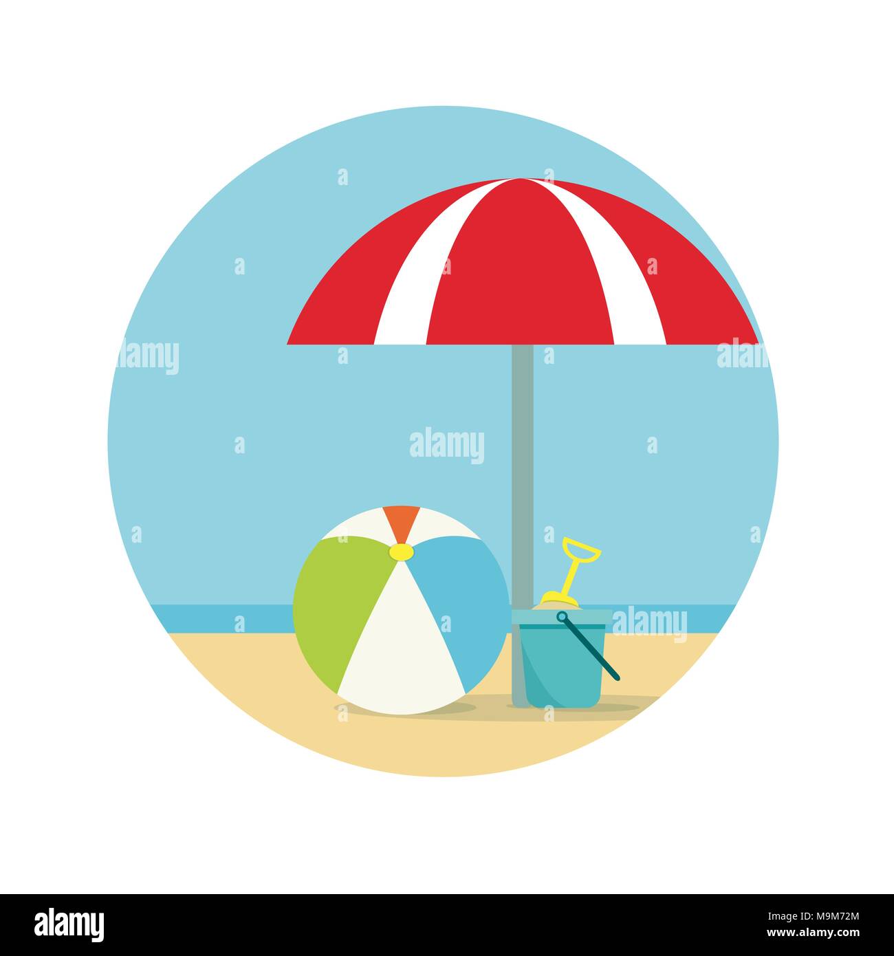 Parasol, ballon et un seau avec une pelle sur fond de mer Illustration de Vecteur