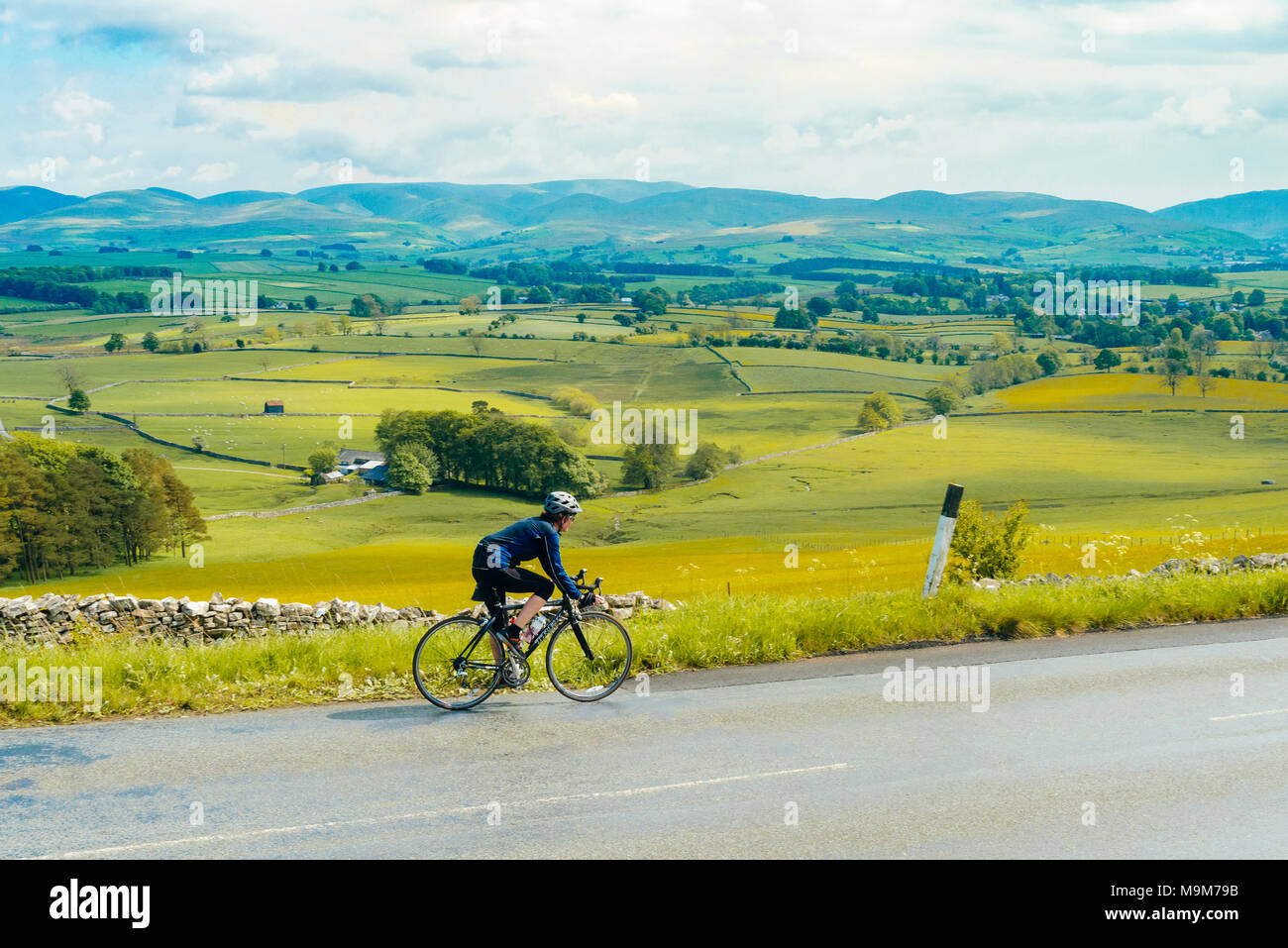 Cycliste féminine en ordre décroissant la B6260 à Orton cicatrice avec vue sur les collines de Cap Sud Cumbria England UK Banque D'Images