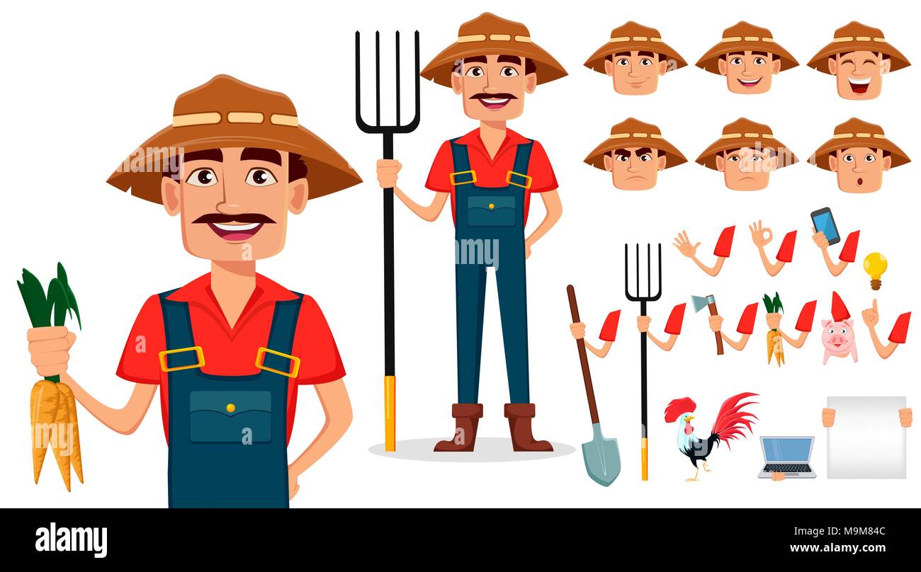 Farmer personnage création ensemble. Happy gardener, pack de parties du corps et des émotions. Construire votre propre design. Stock vector illustration Illustration de Vecteur