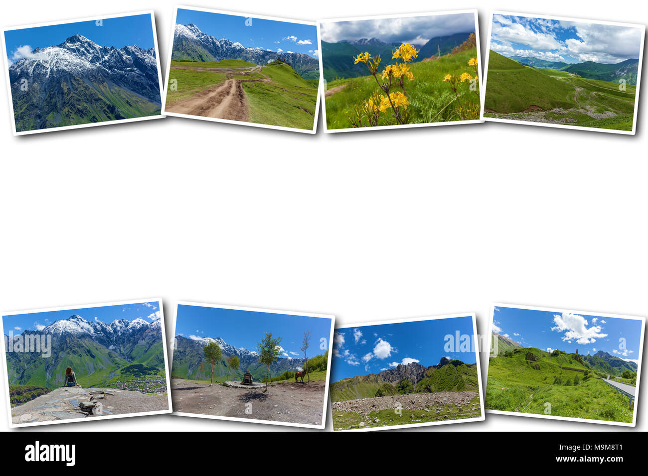 Route de montagne à travers un col de montagne, Kazbegi route géorgienne et militaires. Photo Collage des sites touristiques de la Géorgie. Collage sur la géorgie voyage white background Banque D'Images
