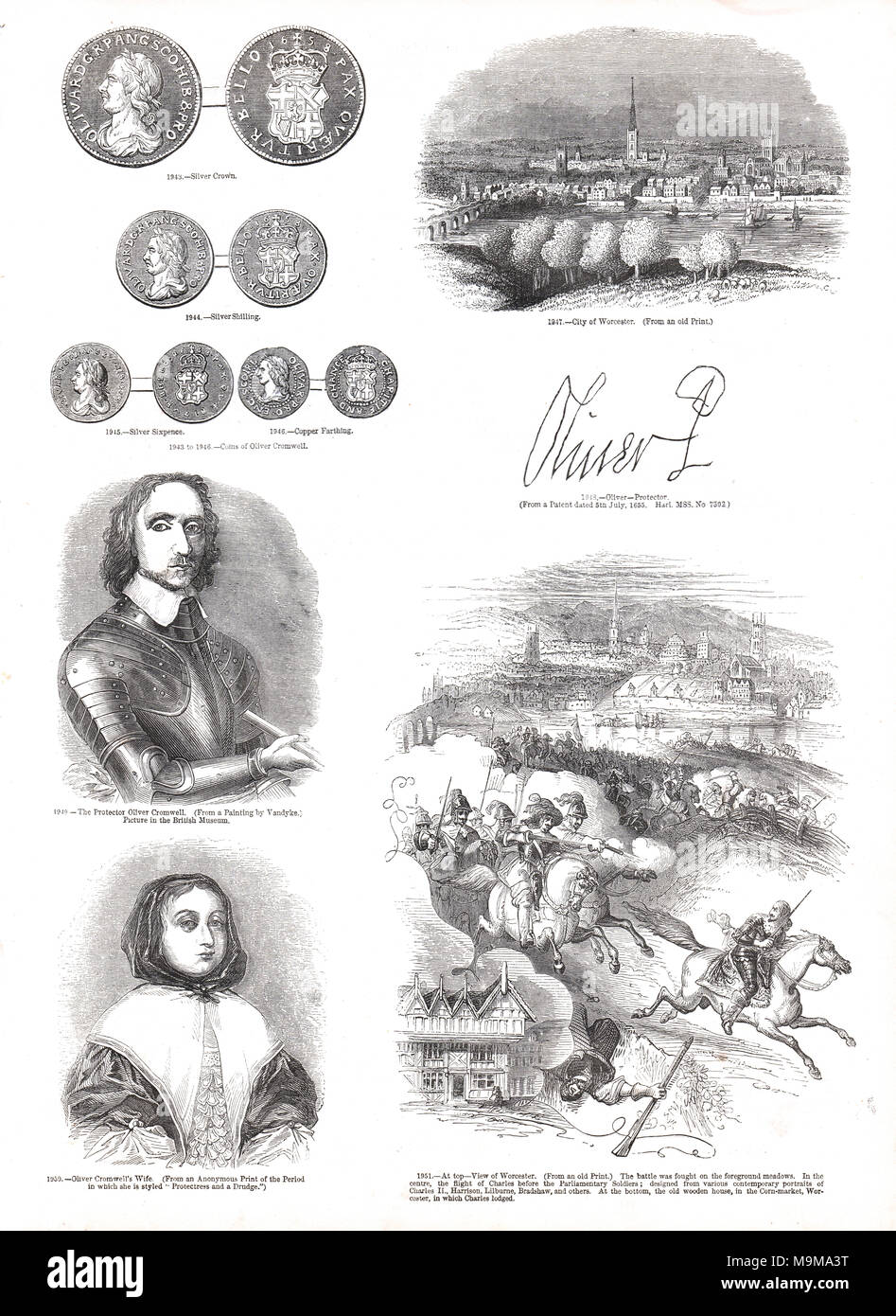 Sélection d'Oliver Cromwell images connexes, Cromwell, Cromwell's femme, Elizabeth Cromwell, signature de Cromwell Cromwell, pièces, ville de Worcester Banque D'Images