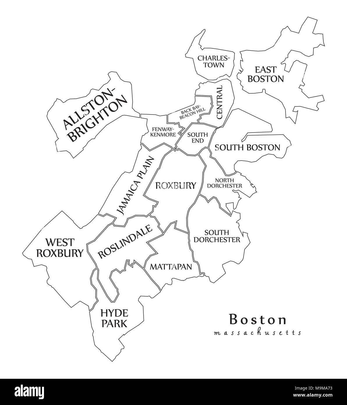 Plan de la ville moderne - Boston Massachusetts ville des USA avec les quartiers et les titres contour plan Illustration de Vecteur