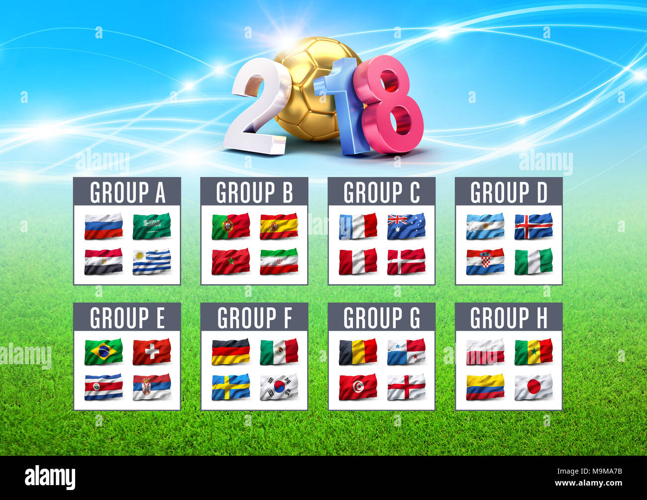 Concours international de soccer 2018 en Russie - Les groupes admissibles avec les drapeaux de l'équipe. 3D illustration. Banque D'Images