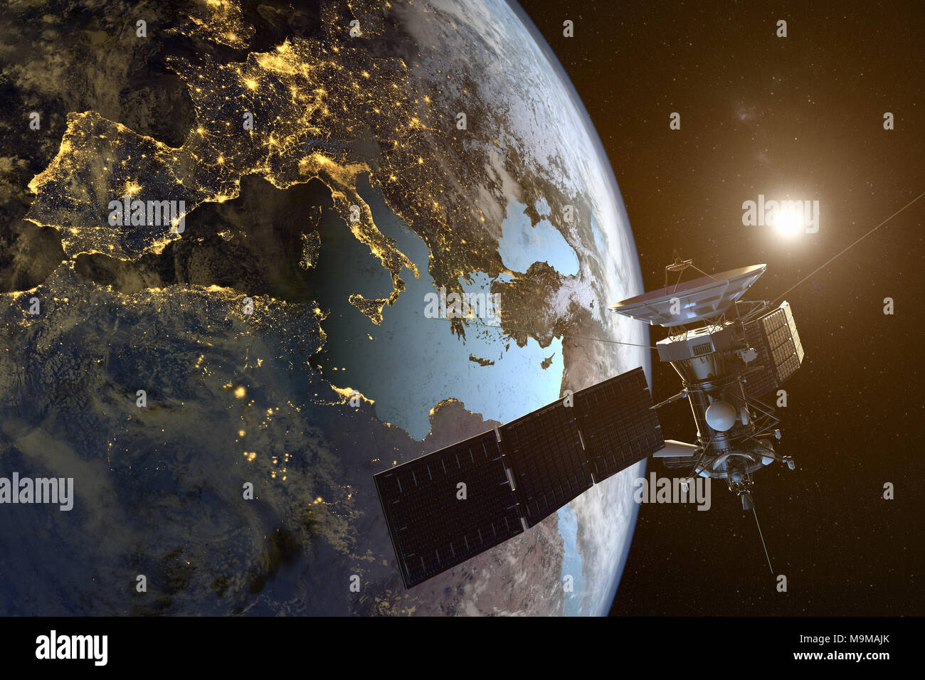 Le rendu 3D d'un satellite en orbite autour de la terre avec les villes illuminées la nuit Banque D'Images