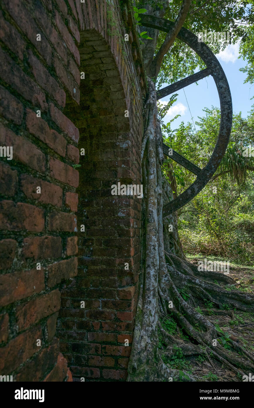 Des outils et des restes d'usine de transformation du sucre à partir d'un vieux moulin datant du milieu du 19ème siècle à Lamanai, Belize Banque D'Images