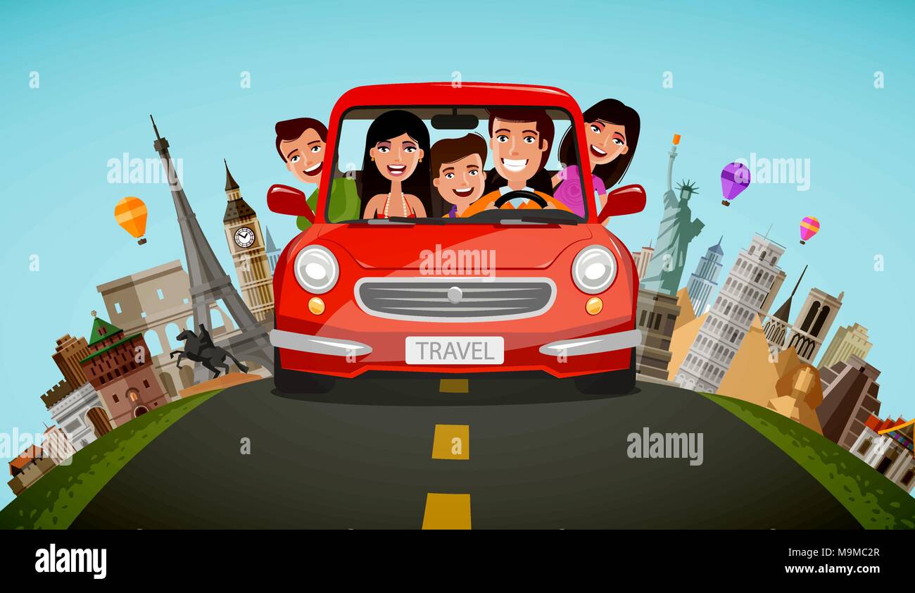 Famille heureuse balade en voiture en vacances. Voyage, travel concept. Cartoon vector illustration Illustration de Vecteur