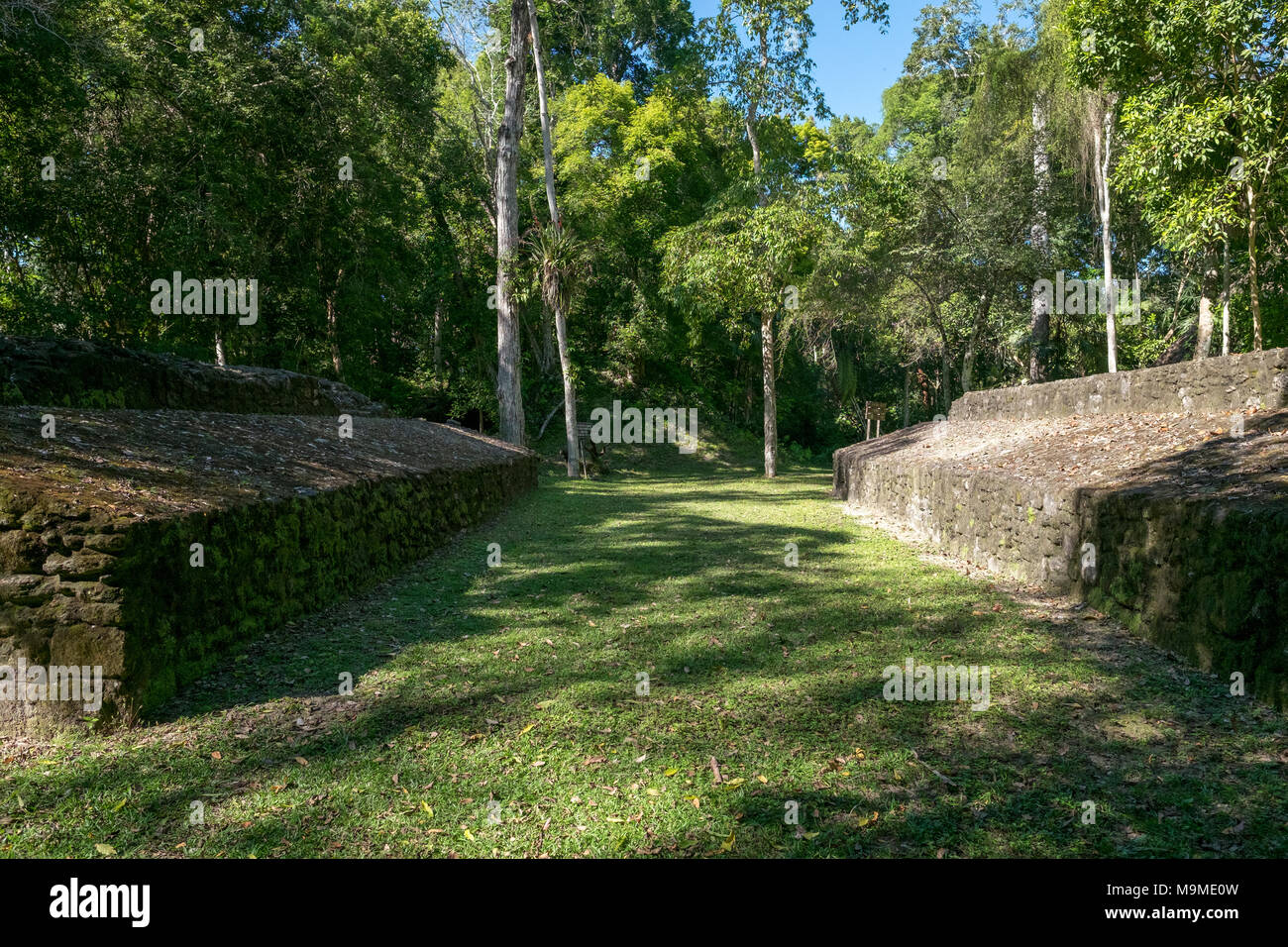 Ruines de l'ancienne cour de jeu le site archéologique maya de Uaxactun, Guatemala où rituels ont été effectuées. Banque D'Images