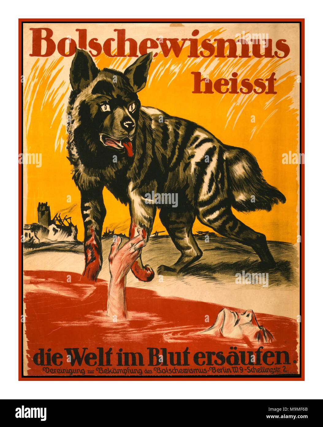 Vintage des années 1920, l'anti-communisme allemand le bolchevisme soviétique de Russie Poster "le bolchevisme signifie noyer le monde dans le sang" Bolschewismus heisst die Welt im Blut ersäufen Banque D'Images