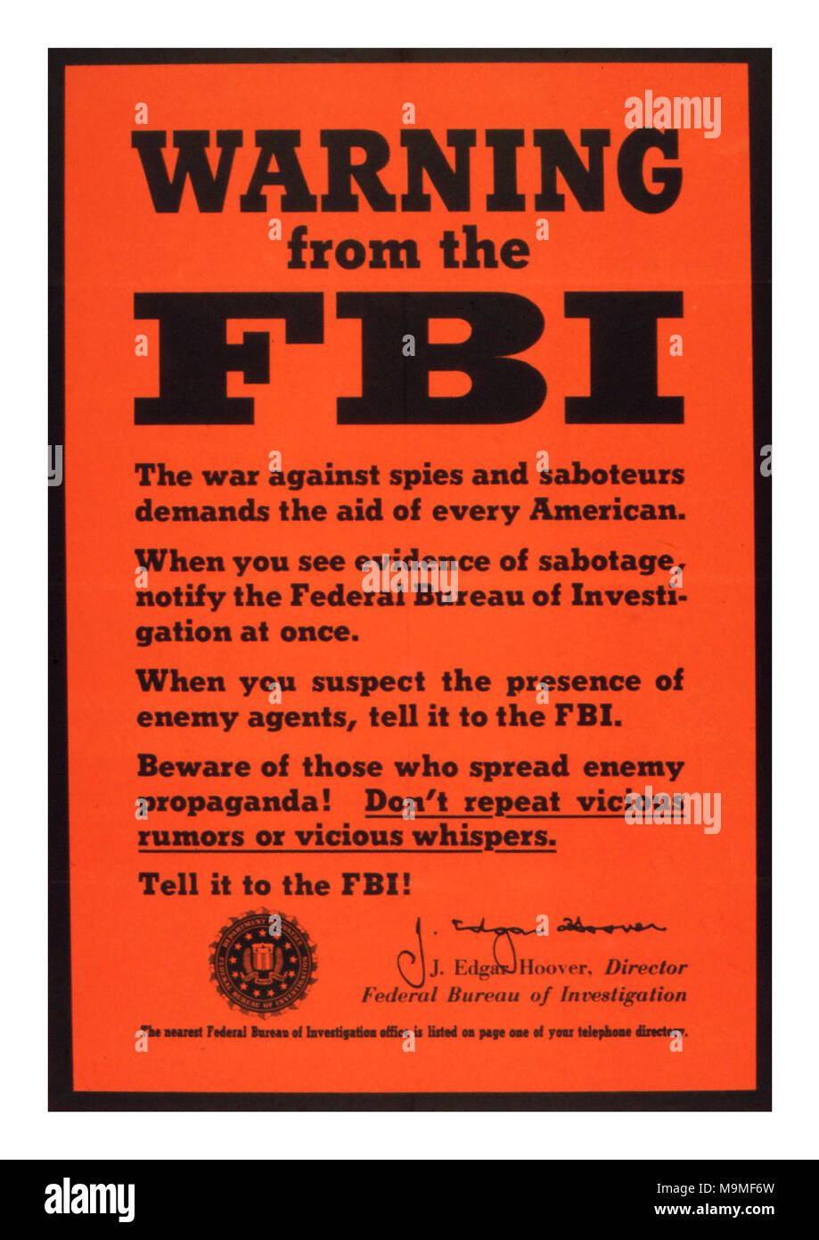 VINTAGE 1940 WW2 FBI 'Careless Talk' Poster la deuxième guerre mondiale, ESPIONNAGE ANTI-FBI J EDGAR HOOVER 'Avertissement du FBI' Banque D'Images