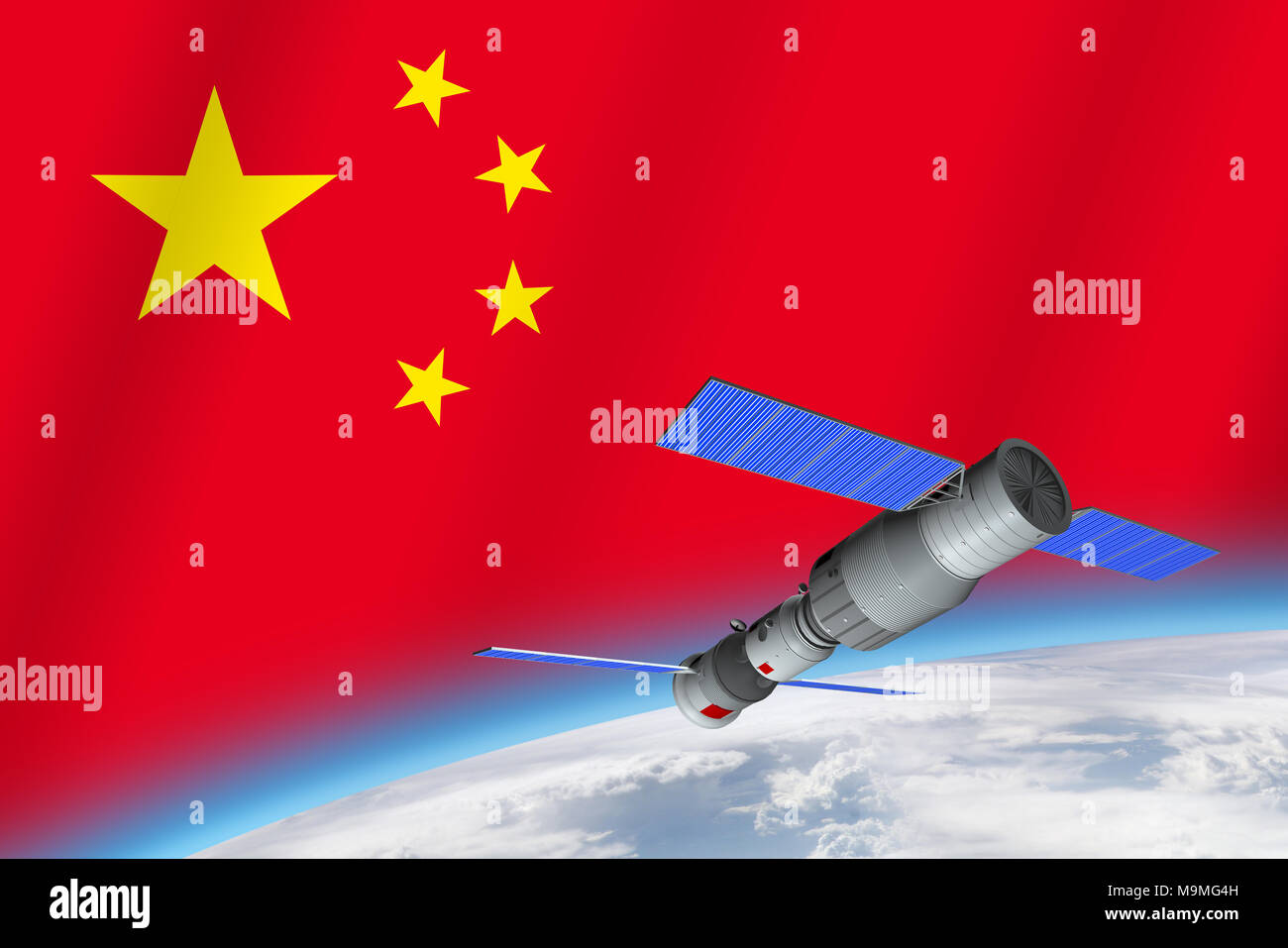 Modèle 3D de la société chinoise Tiangong-1 station spatiale en orbite autour de la planète Terre avec le drapeau de la Chine dans l'arrière-plan. Le rendu 3D Banque D'Images