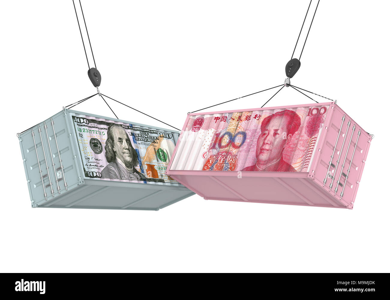 United States Dollar et Yuan chinois conteneur isolé. Guerre commerciale Concept Banque D'Images