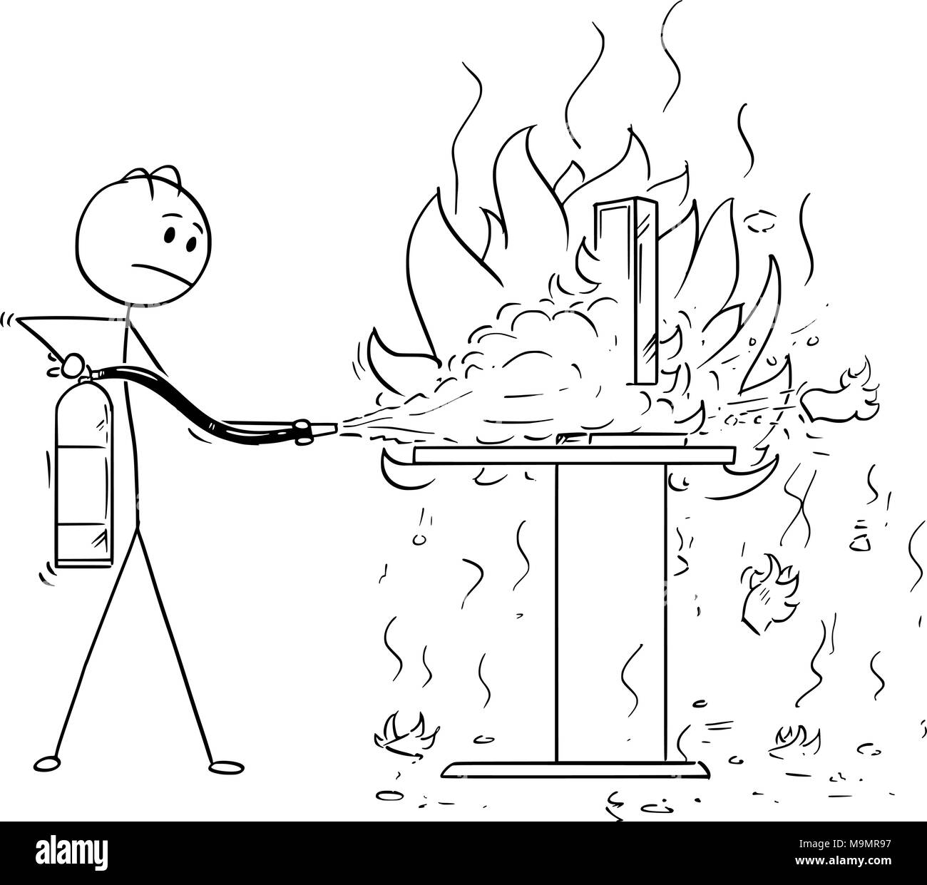 Caricature de Businessman à lutter contre l'incendie sur Office 24 à l'aide d'extincteur Illustration de Vecteur