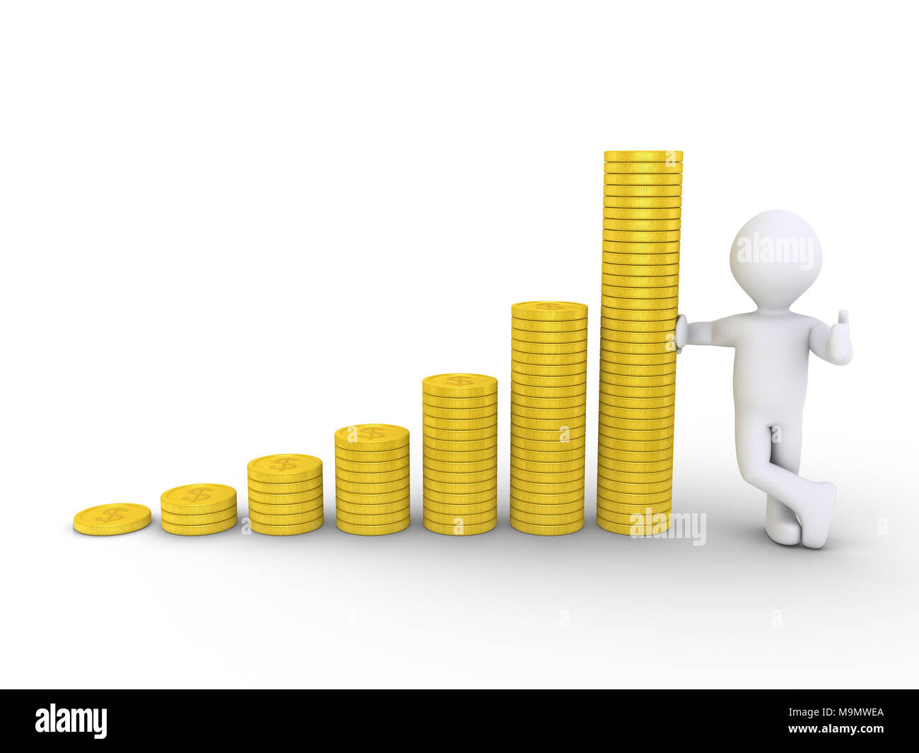 Charte graphique 3D de pièces de monnaie dollar et une personne heureuse se penchant sur eux Banque D'Images