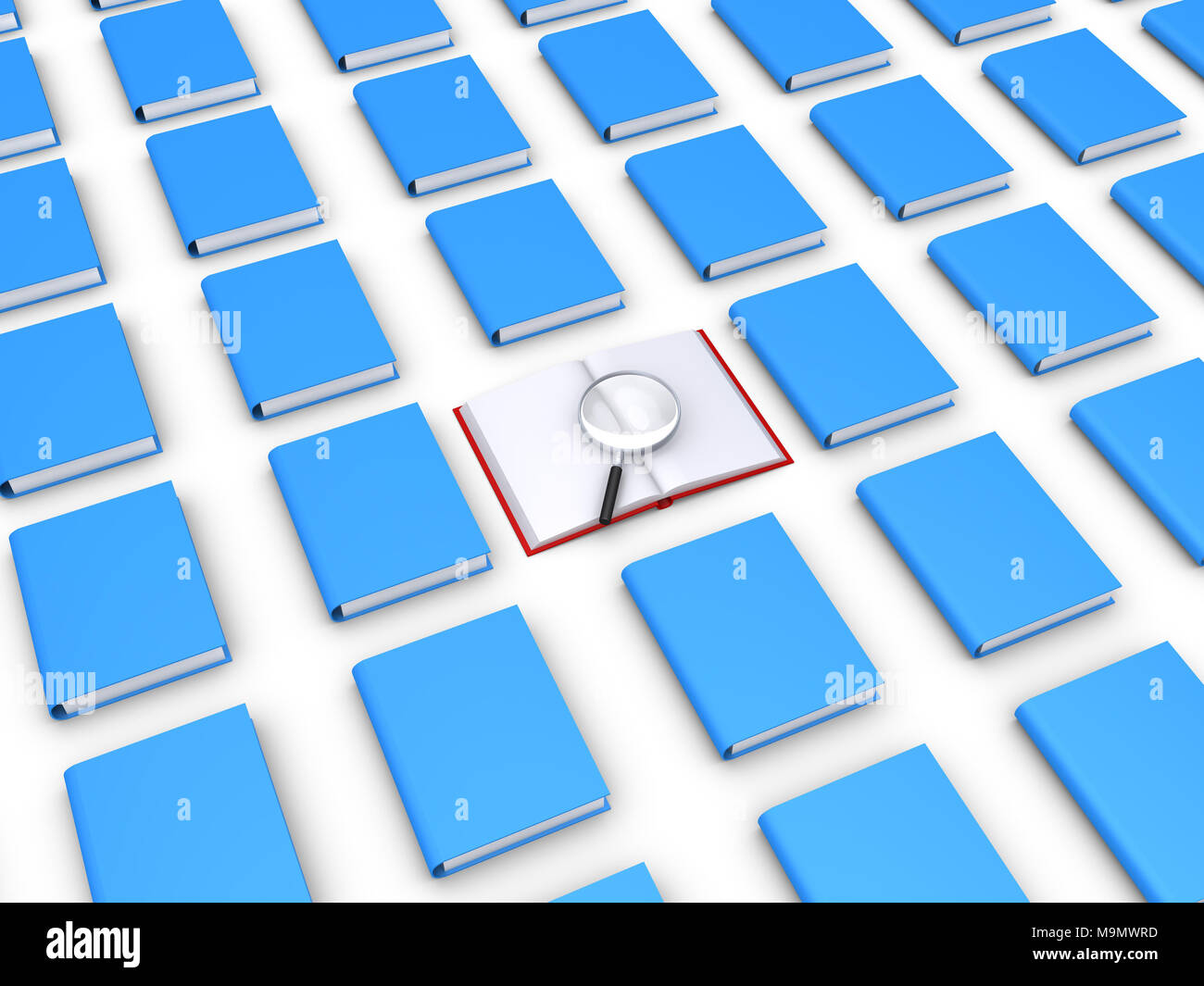 De nombreux livres et 3d l'un est ouvert avec une loupe en haut Banque D'Images