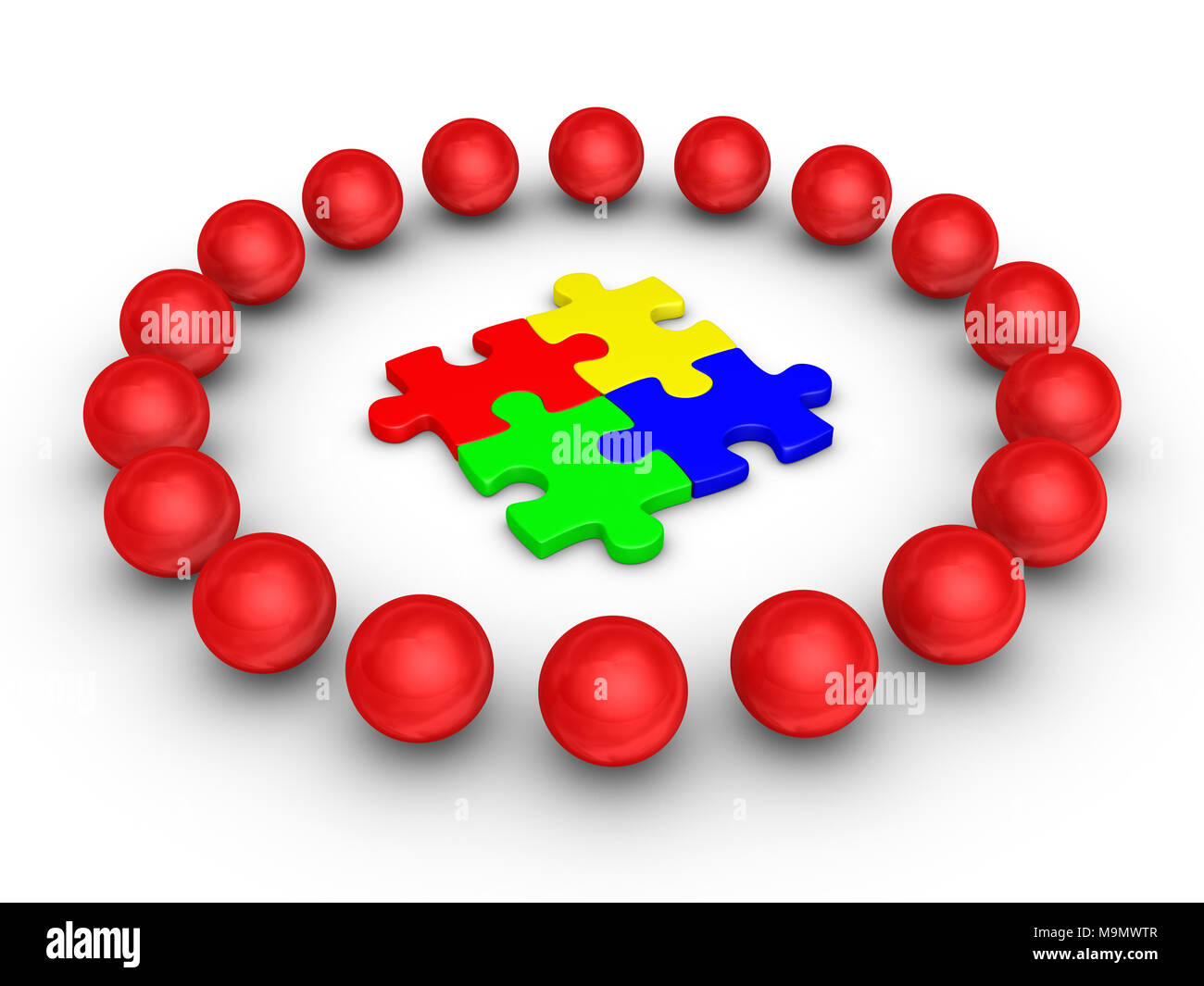 Sphères 3d autour de quatre pièces du puzzle Banque D'Images