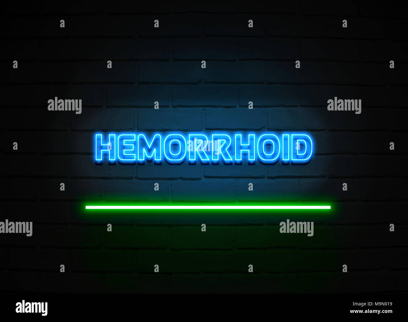 Enseigne au néon de Hemorrhoid - Glowing Neon Sign sur mur brickwall - rendu 3D illustration libres de droits. Banque D'Images