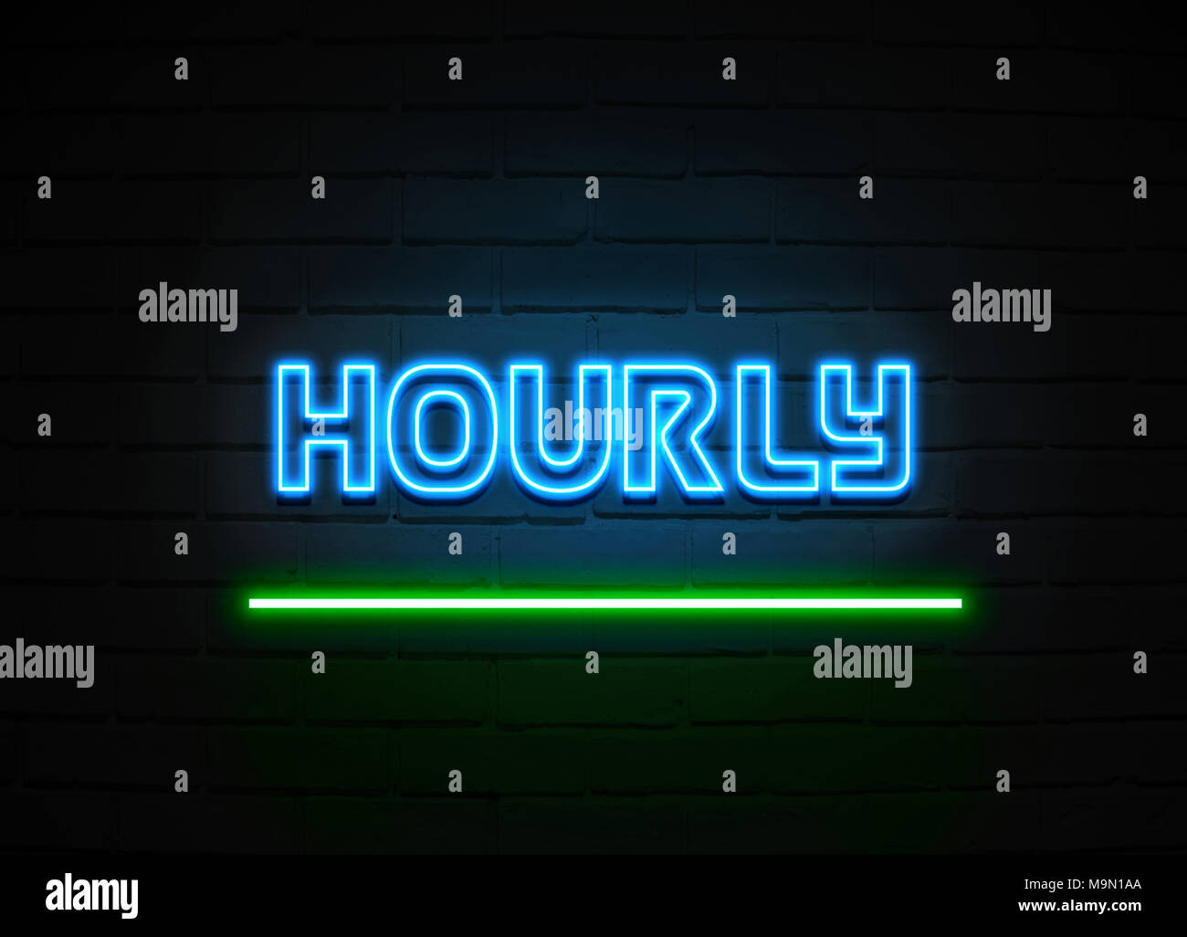 Enseigne au néon horaire - Glowing Neon Sign sur mur brickwall - rendu 3D illustration libres de droits. Banque D'Images