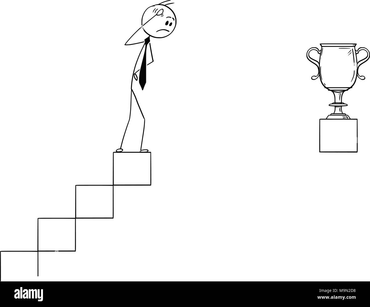 Caricature de businessman standing on haut de l'escalier et regarder le trophée inaccessible Illustration de Vecteur