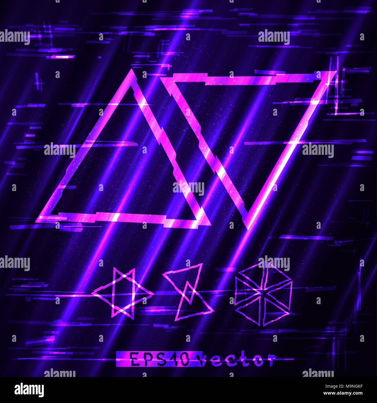 Glitch blue violet et rose lumière triangle ensemble modèle de forme. Glitched Résumé vecteur d'or la conception du châssis arrière Illustration de Vecteur