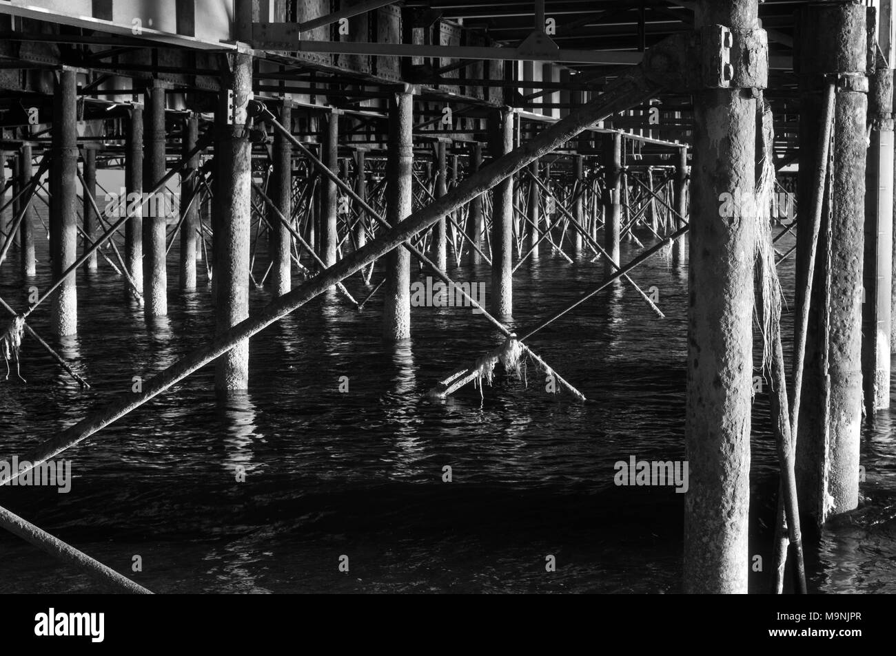 Vue dans l'infrarouge le long de la face inférieure du Portsmouths South Parade Pier à Southsea, en Angleterre, côté allumé sur une journée calme avec poutres et piliers Banque D'Images