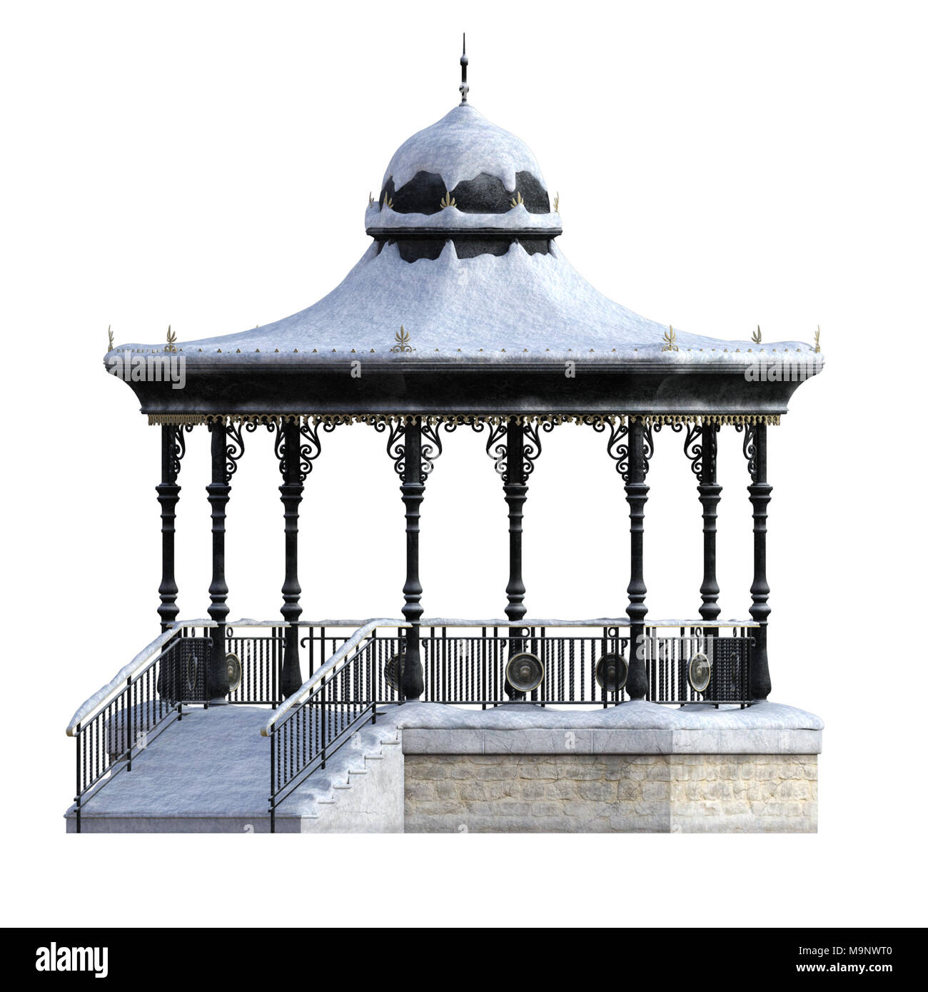 Pergola couverte de neige isolé sur blanc, 3D render. Banque D'Images