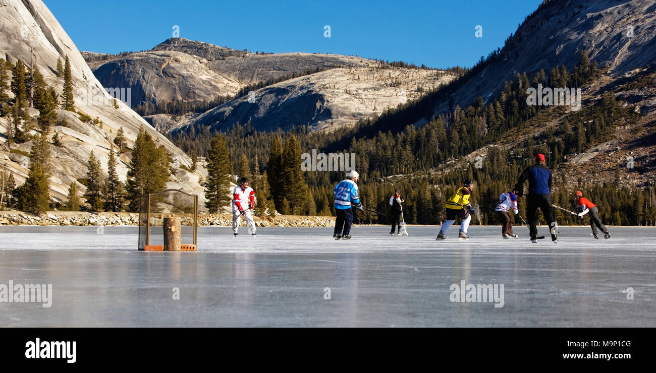 Les gens jouer au hockey sur glace sur une neige gelée, Lac Tenaya libre dans le Parc National Yosemite. Banque D'Images