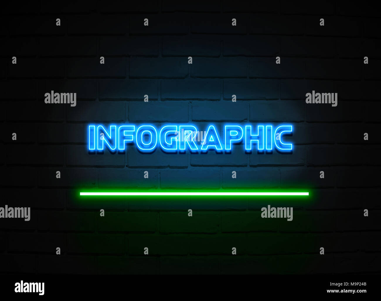 L'infographie en néon - Glowing Neon Sign sur mur brickwall - rendu 3D illustration libres de droits. Banque D'Images