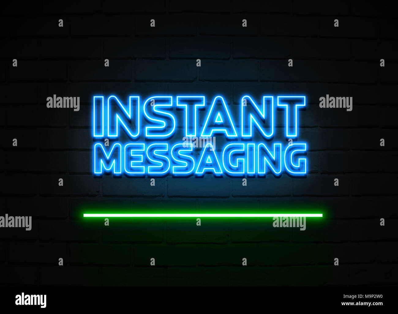 La messagerie instantanée en néon - Glowing Neon Sign sur mur brickwall - rendu 3D illustration libres de droits. Banque D'Images