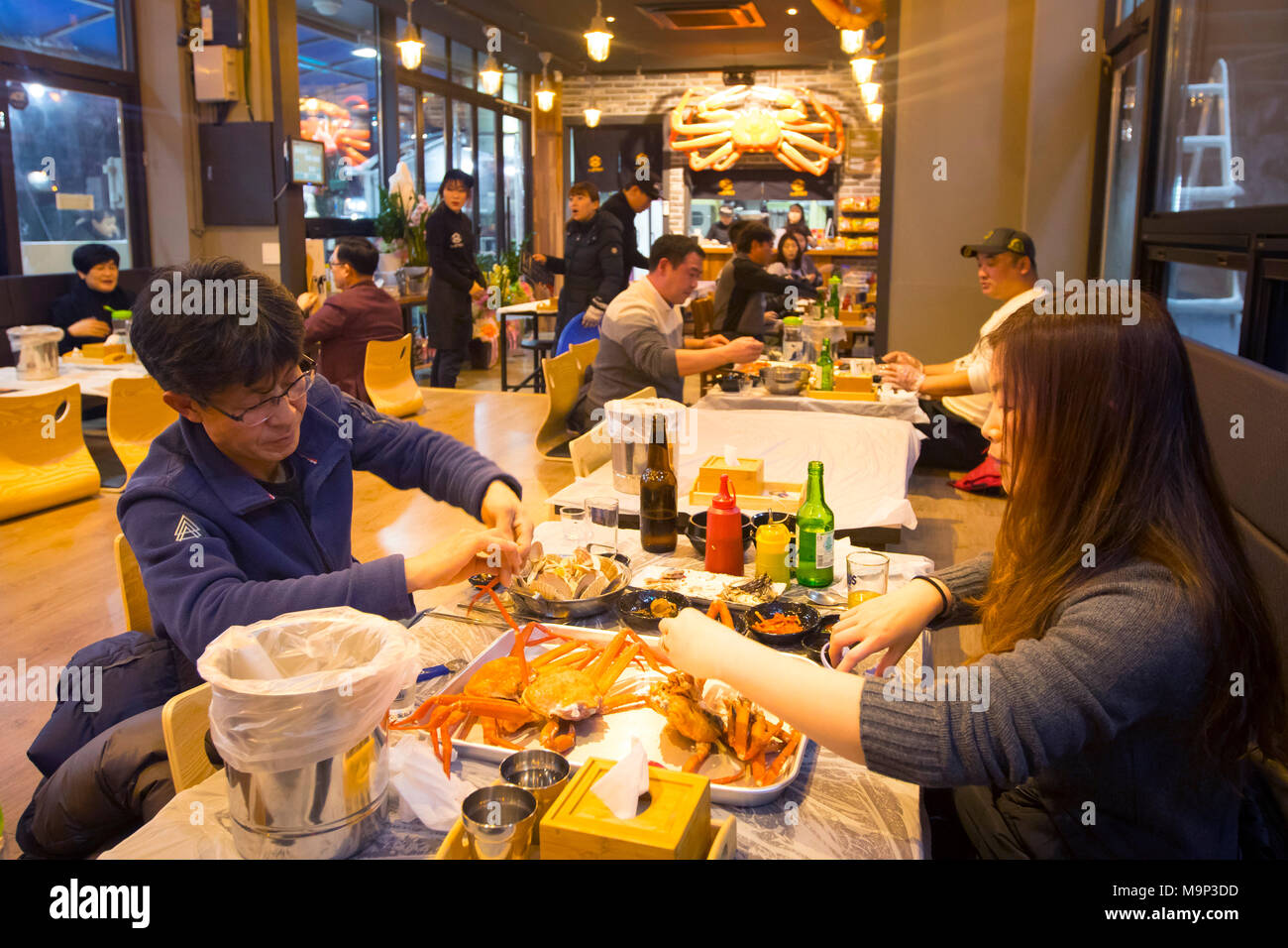 Les gens mangent coréen au crabe des neiges dans un restaurant à Cavaillon, une ville portuaire sur la côte de la mer de l'Est en Corée du Sud. Le crabe est un des fruits de mer de la spécialité de cette région. Sokcho est proche de Parc National de Seoraksan et une destination touristique populaire. Il a été particulièrement attrayant pour les coréens depuis son apparition dans le célèbre K-Drama Winter Sonata. Pyeongchang à proximité sera l'hôte des Jeux Olympiques d'hiver en février 2018. Banque D'Images
