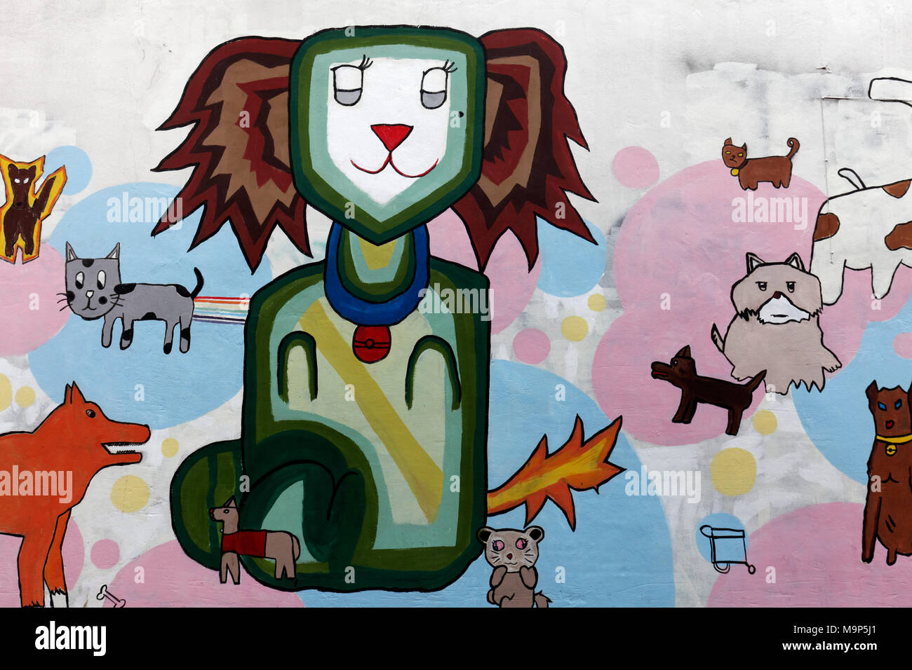 Chat drôle avec d'autres animaux, Graffiti, Bangkok, Thaïlande Banque D'Images