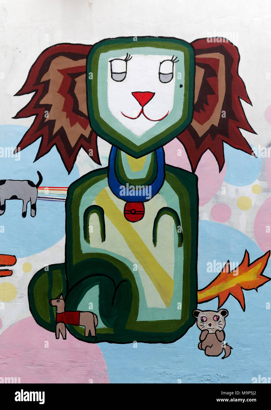 Chat drôle avec d'autres animaux, Graffiti, Bangkok, Thaïlande Banque D'Images