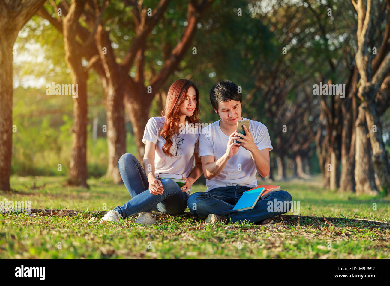 Couple à l'aide de téléphone mobile dans le parc Banque D'Images