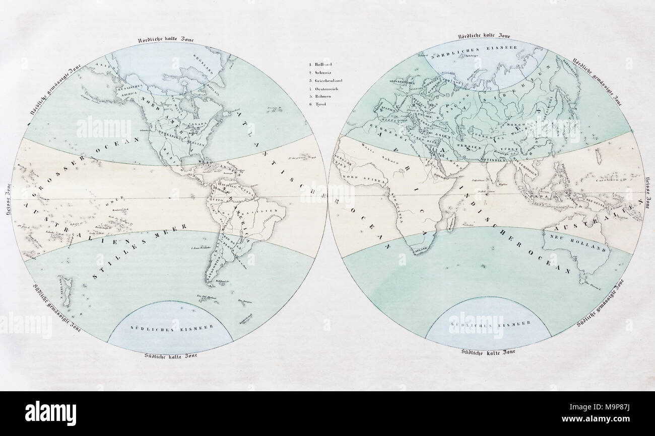 Carte du monde, à partir de la peinture de la zone de l'histoire naturelle et de l'Ethnologie par Traugott Bromme, Stuttgart 1846 Banque D'Images