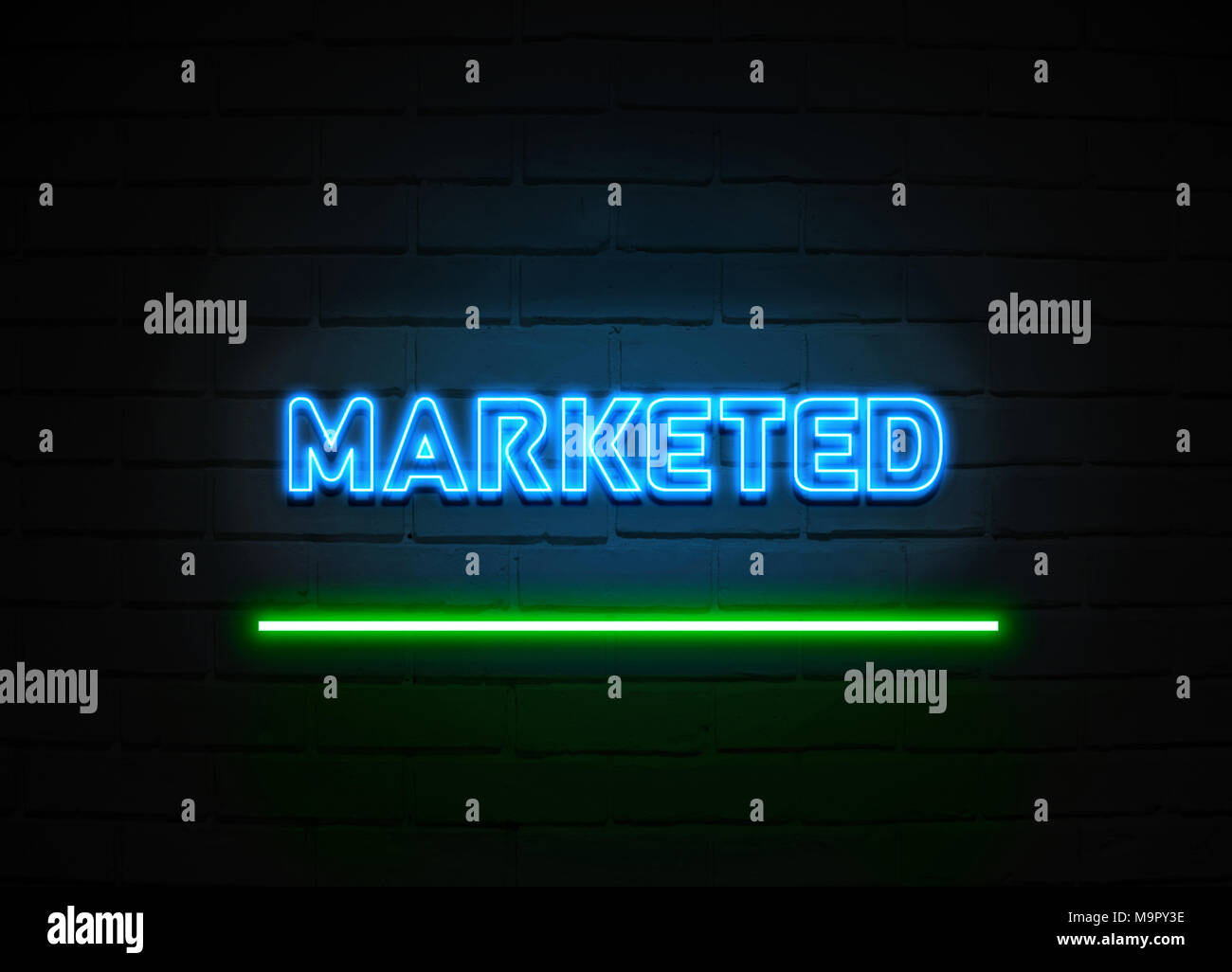 Commercialisé en néon - Glowing Neon Sign sur mur brickwall - rendu 3D illustration libres de droits. Banque D'Images