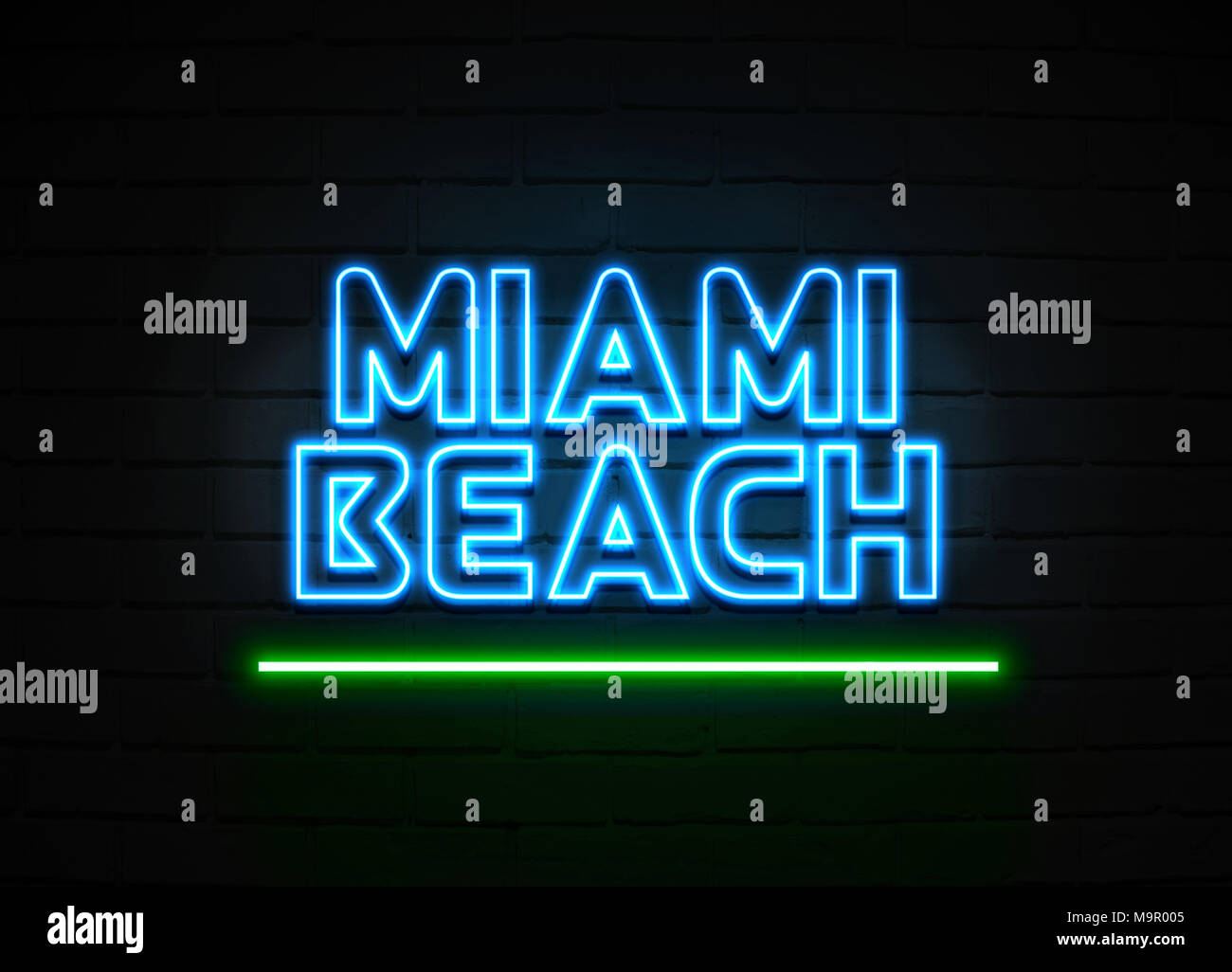 Miami Beach en néon - Glowing Neon Sign sur mur brickwall - rendu 3D illustration libres de droits. Banque D'Images