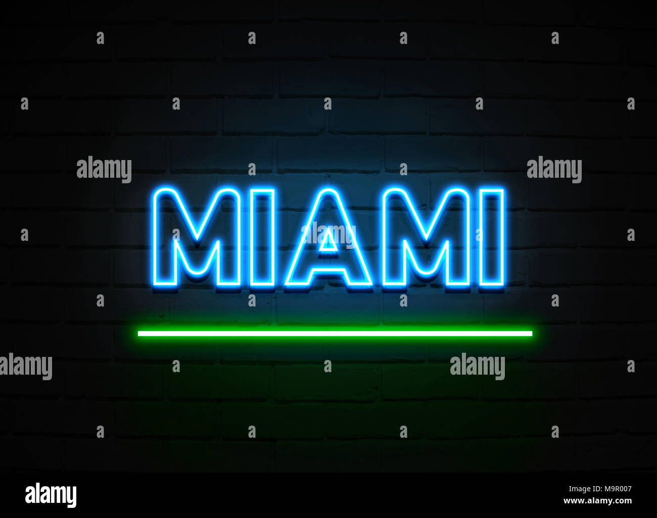 Miami en néon - Glowing Neon Sign sur mur brickwall - rendu 3D illustration libres de droits. Banque D'Images
