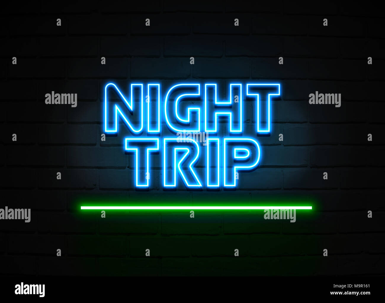 Voyage de nuit en néon - Glowing Neon Sign sur mur brickwall - rendu 3D illustration libres de droits. Banque D'Images