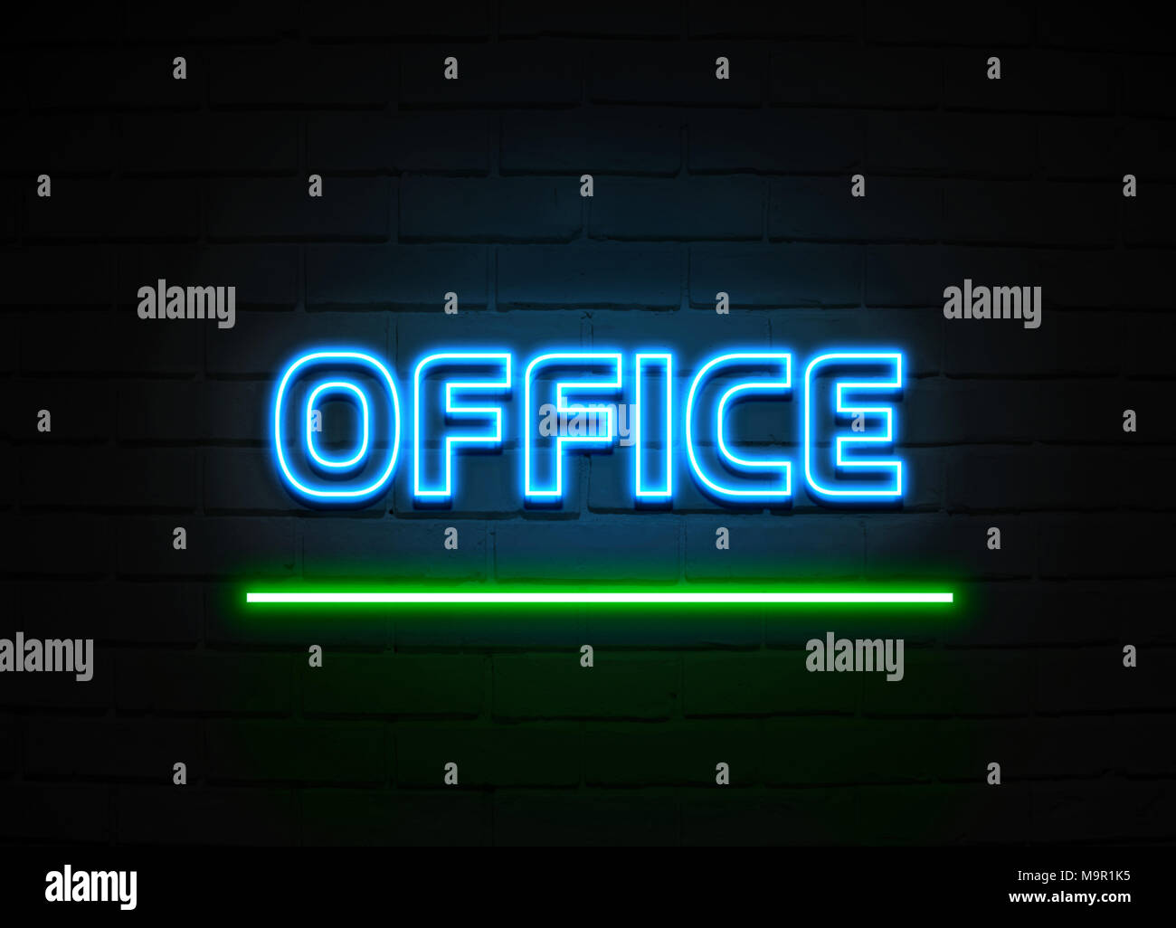 Neon Sign Office - Glowing Neon Sign sur mur brickwall - rendu 3D illustration libres de droits. Banque D'Images