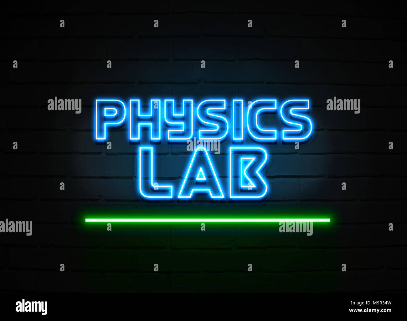 Laboratoire de physique de l'enseigne au néon - Glowing Neon Sign sur mur brickwall - rendu 3D illustration libres de droits. Banque D'Images
