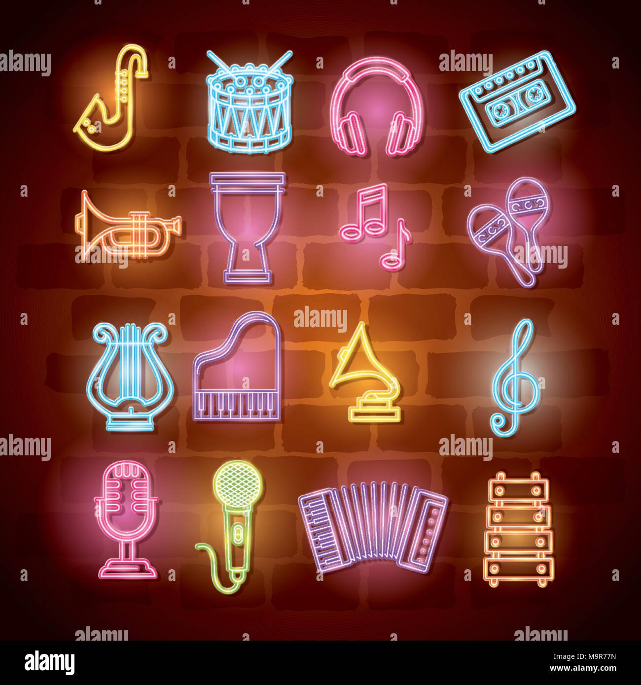 Instruments de musique avec des néons set icons Illustration de Vecteur
