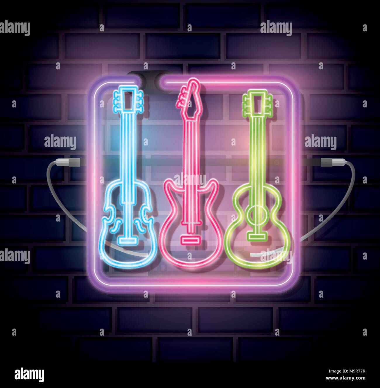 Instruments de musique avec des néons set icons Illustration de Vecteur